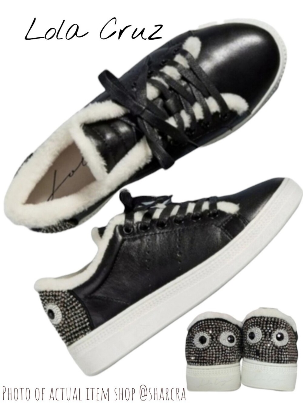 Lola Cruz Anthropologie Women Crystal Eye Faux Fur Leather Sneaker Black Cream 6